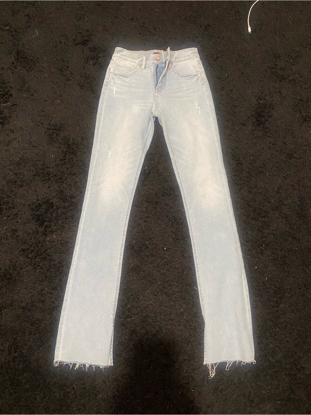 Express Light Blue Straight Leg Jeans with Frayed Hem